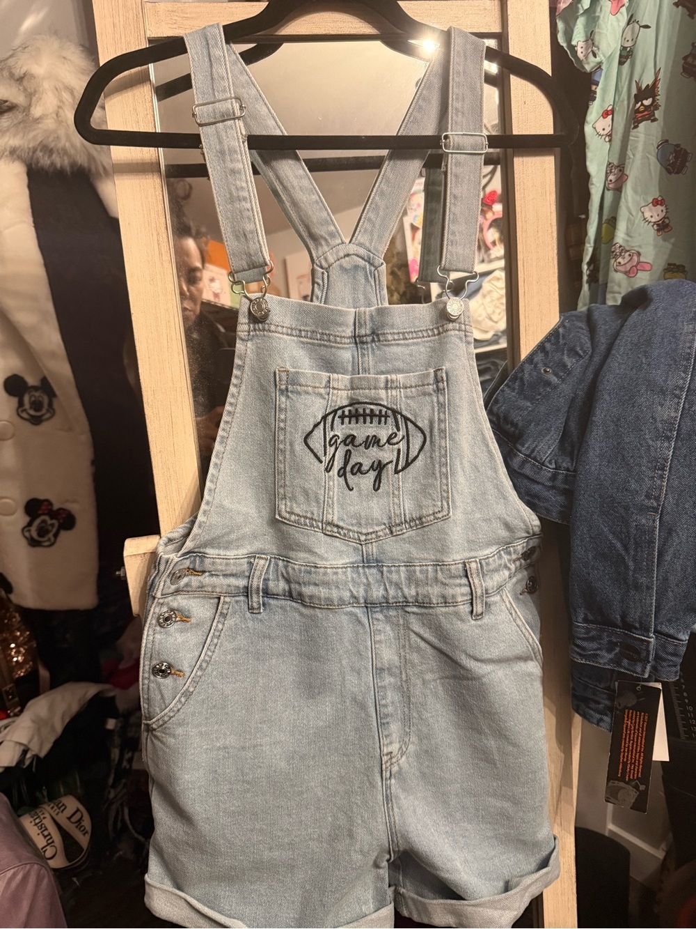 Pink Lily Light Wash Denim Overalls with Pink Logo Tag